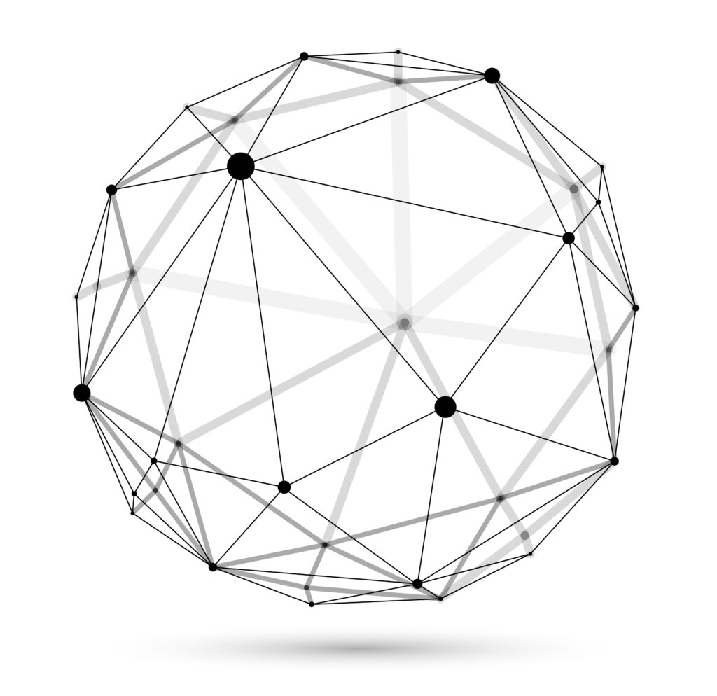 Dimensional lattice sphere vector abstraction, 3D polygonal design abstract shape isolated over white, science digital dynamic connections with lines and dots with perspective.